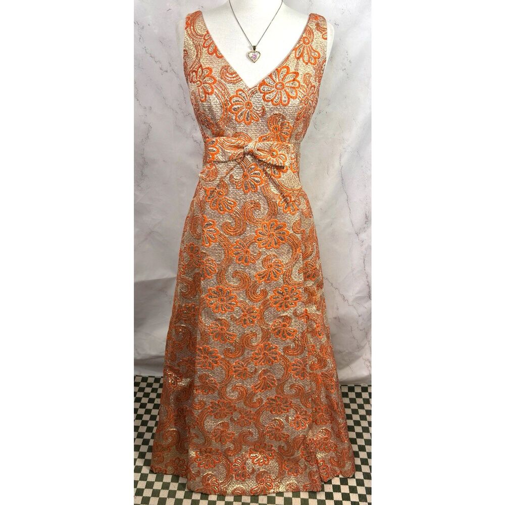 Vintage 60s Kent Originals Empire Waist Evening Gown Dress Orange Brocade 6 S - Picture 1 of 16